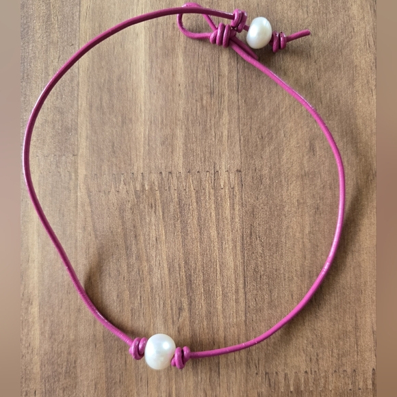 Freshwater Pearl Pink Leather Choker, 16in - Picture 2 of 2